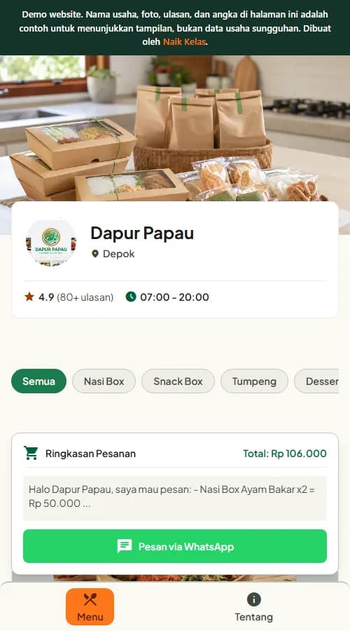 Contoh tampilan website toko online Dapur Papau