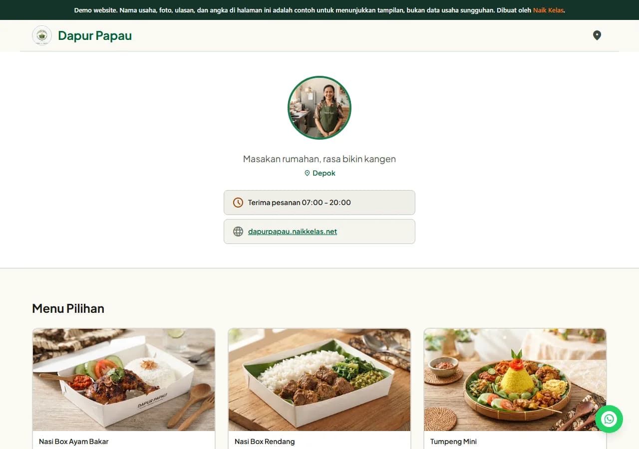 Contoh website katalog untuk usaha kuliner rumahan di Depok