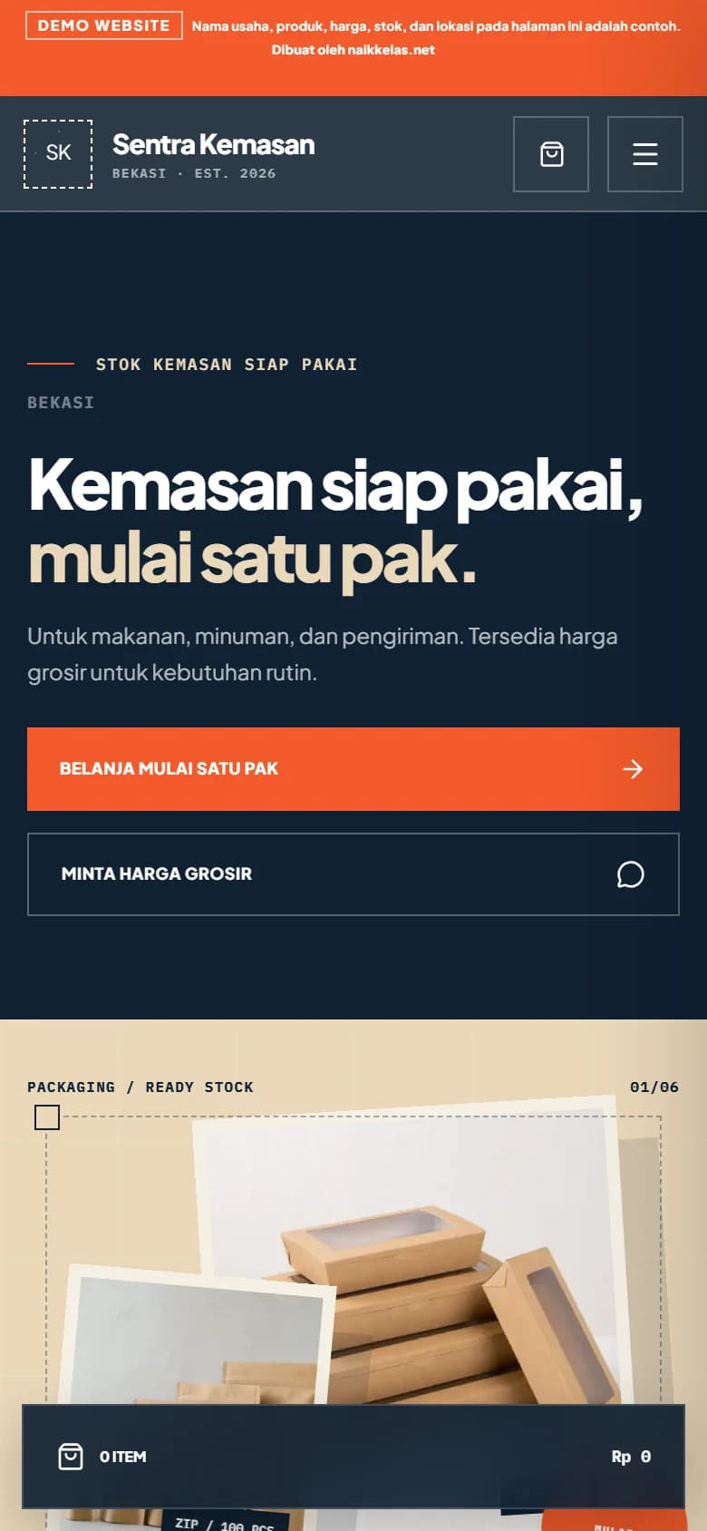 Tampilan desktop contoh website toko online Sentra Kemasan