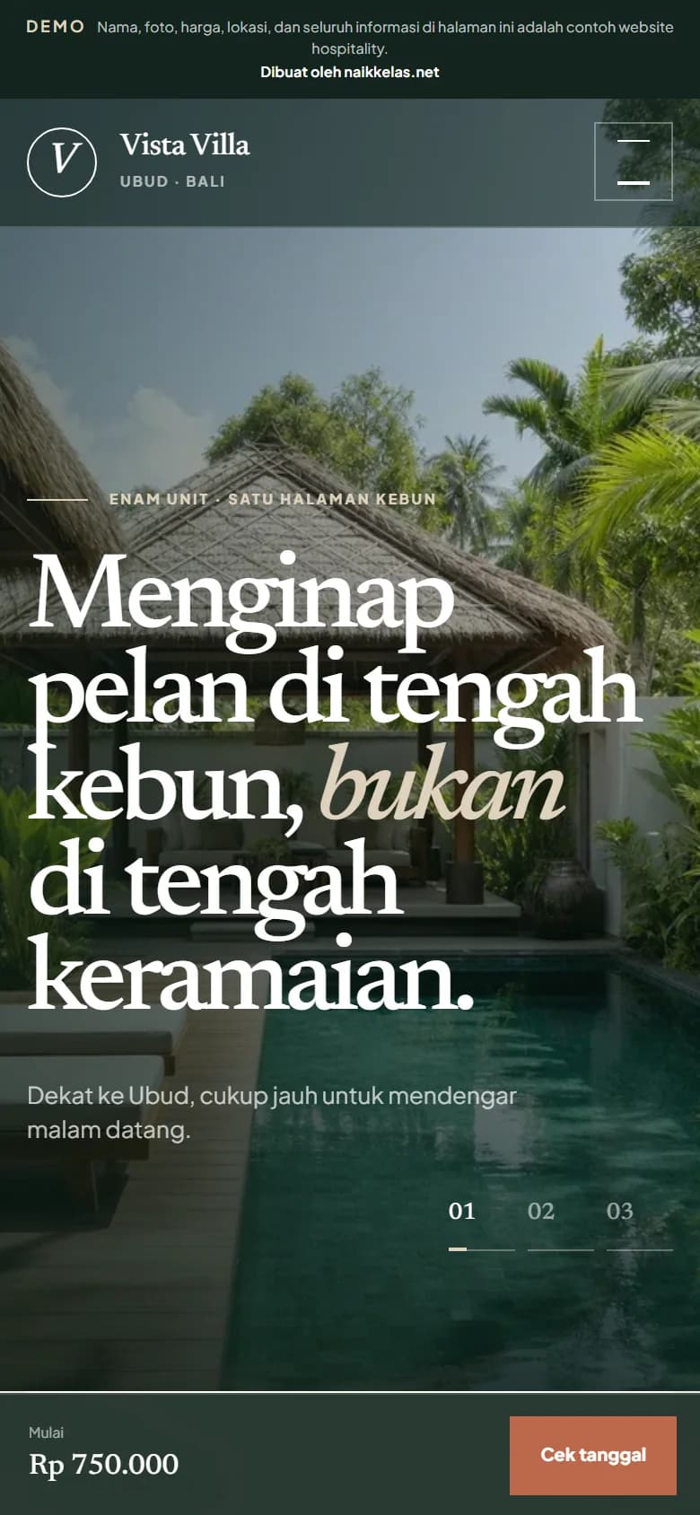 Tampilan desktop contoh website toko online Vista Villa Ubud