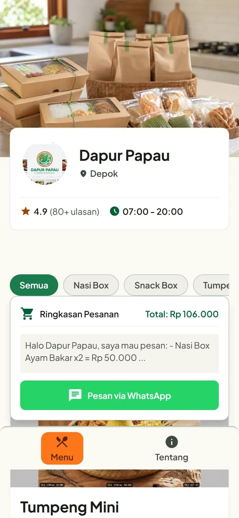 Tampilan mobile demo website Dapur Papau