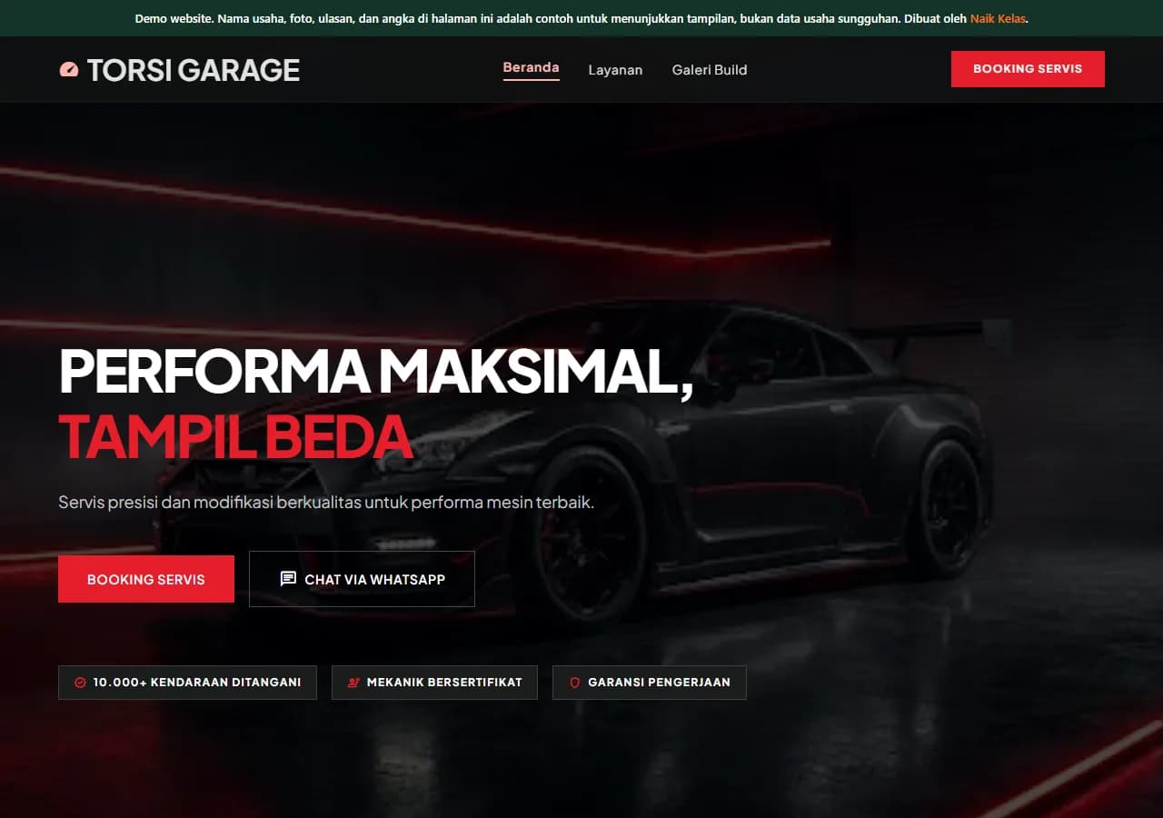 Tampilan desktop contoh website katalog sederhana Torsi Garage